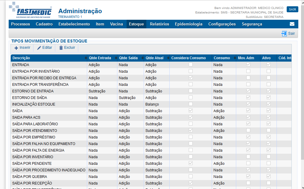 Ficha de cadastro de Tipos Movimentações de Estoque Imagem Demonstrativa da Ficha de cadastro de Tipos Movimentações de Estoque